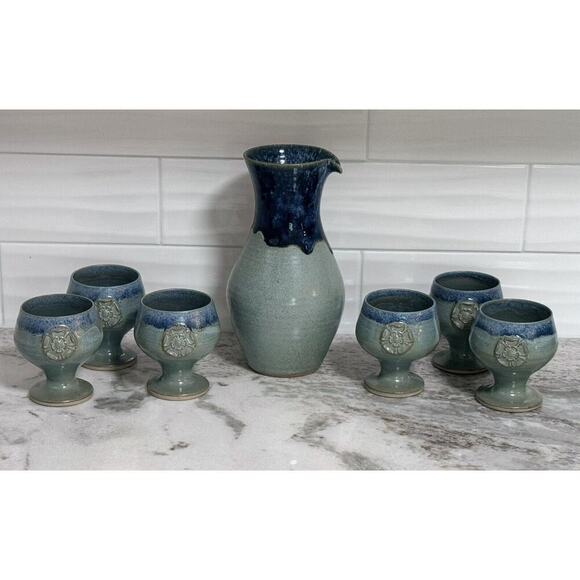 Jenny Harper Signed Blacktoft Studio Pottery Blue Drip Glaze Goblets Pitcher Set - Picture 9 of 16